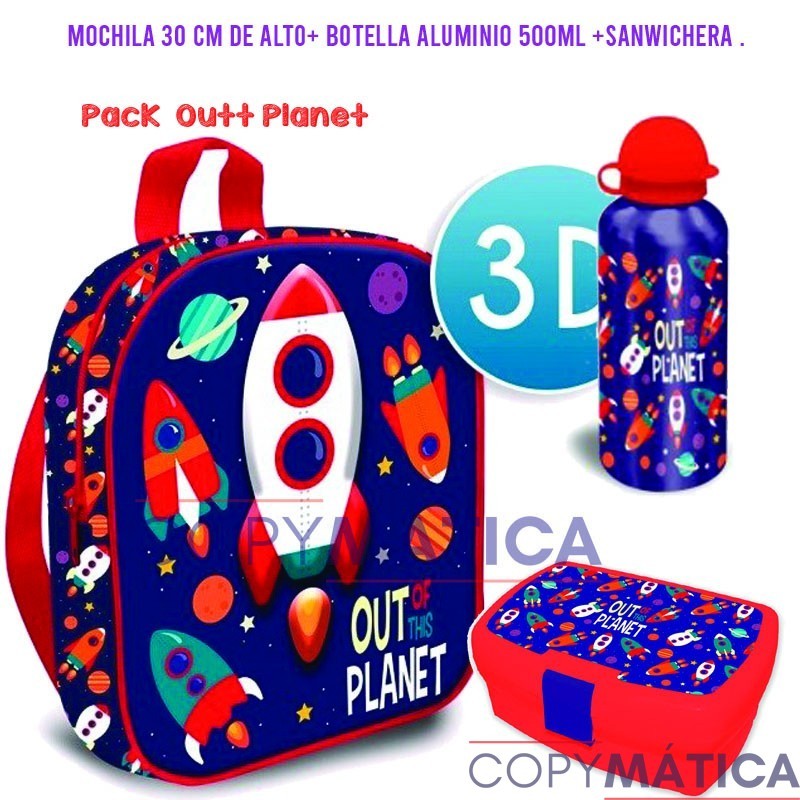 Pack Mochila 3d Outt Planet + Botella + Sandwichera