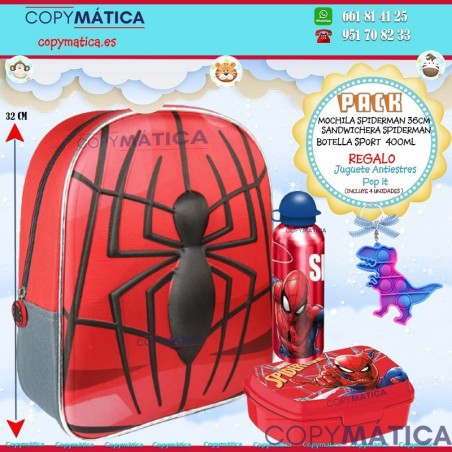 Pack Mochila 3D Spiderman Marvel 31x27x11cm+Botella +Sandwichera