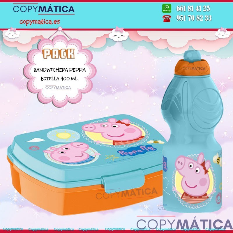 Pack 2pcs Botella de Agua plastico Infantil 400ml- Fiambrera sandwichera. Peppa Pig