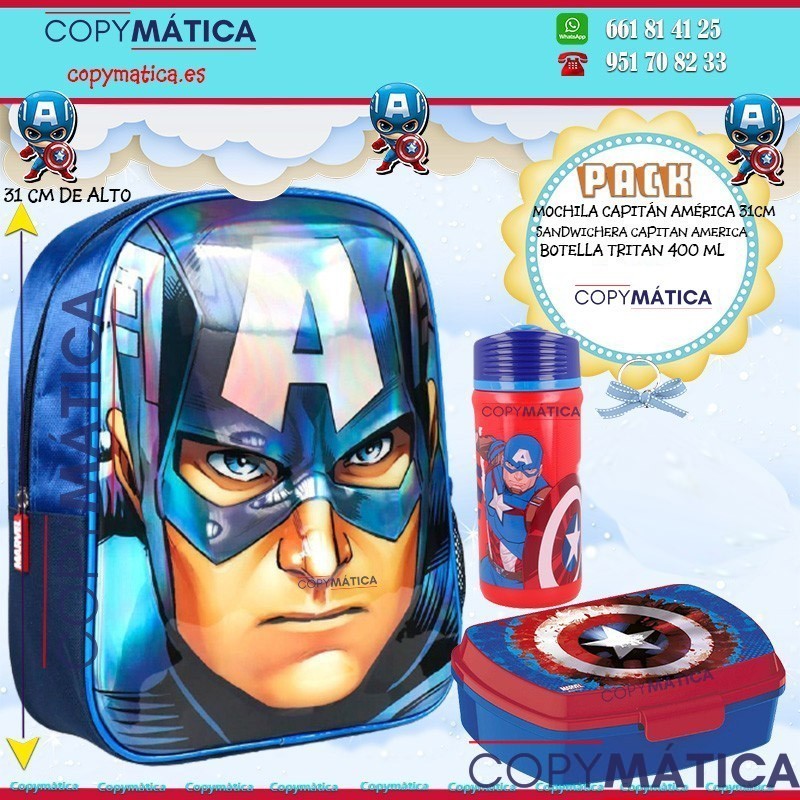 Pack Mochila Capitán América  + Botella tritan  390ml Capitán América . + Sandwichera Capitán América  a juego.