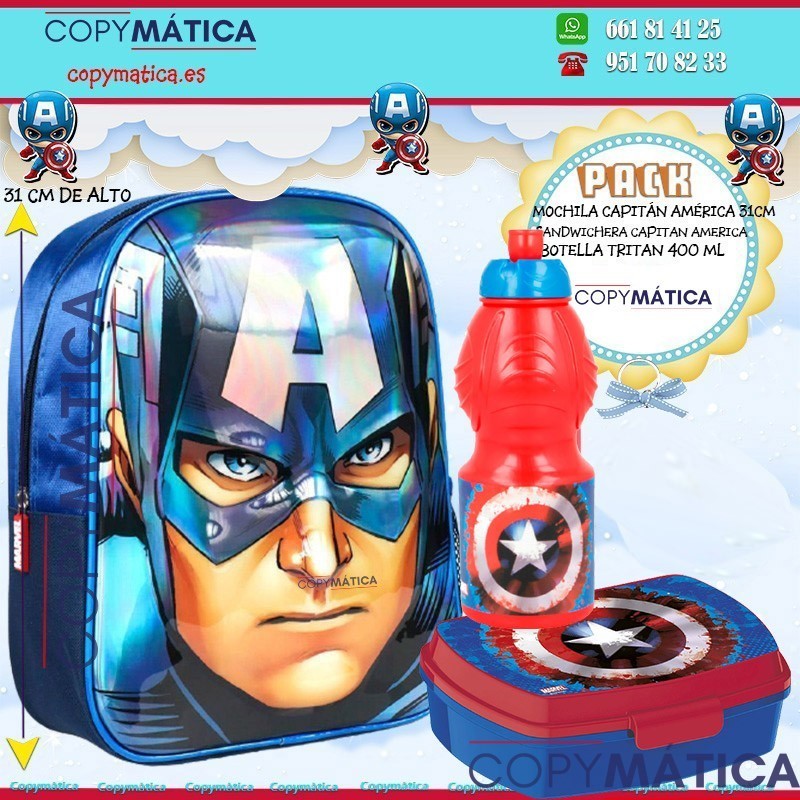 Pack Mochila Capitán América  + Botella Sport 400 ml Capitán América . + Sandwichera Capitán América  a juego.