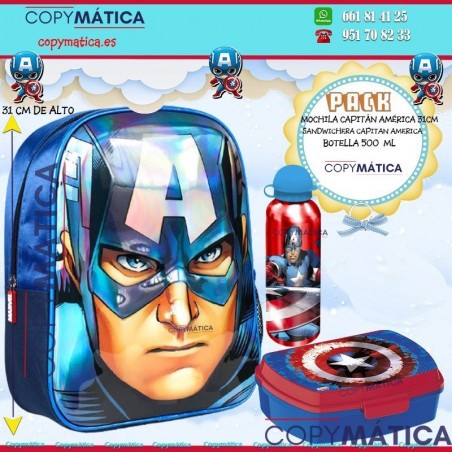Pack Mochila Capitán América  + Botella Alumino 500 ml Capitán América . + Sandwichera Capitán América  a juego.