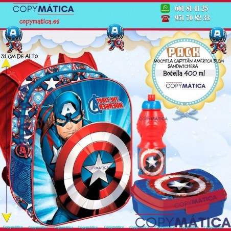 Pack Mochila Capitán América  + Botella Sport 400 ml Capitán América . + Sandwichera Capitán América  a juego.