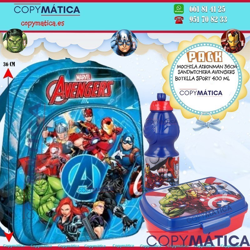 Pack Mochila Avengers alto 36 cm. Ideal para llevar libros+ Botella + Sandwichera .