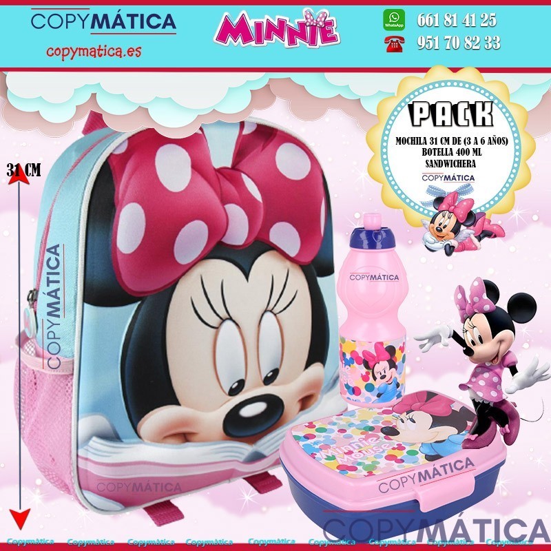 Pack de mochila Minnie Mouse + Botella + Sandwichera a juego .