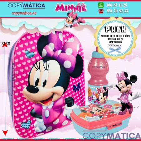 PACK Mochila  de Minnie Mouse  3D Infantil+Botella + Sandwichera