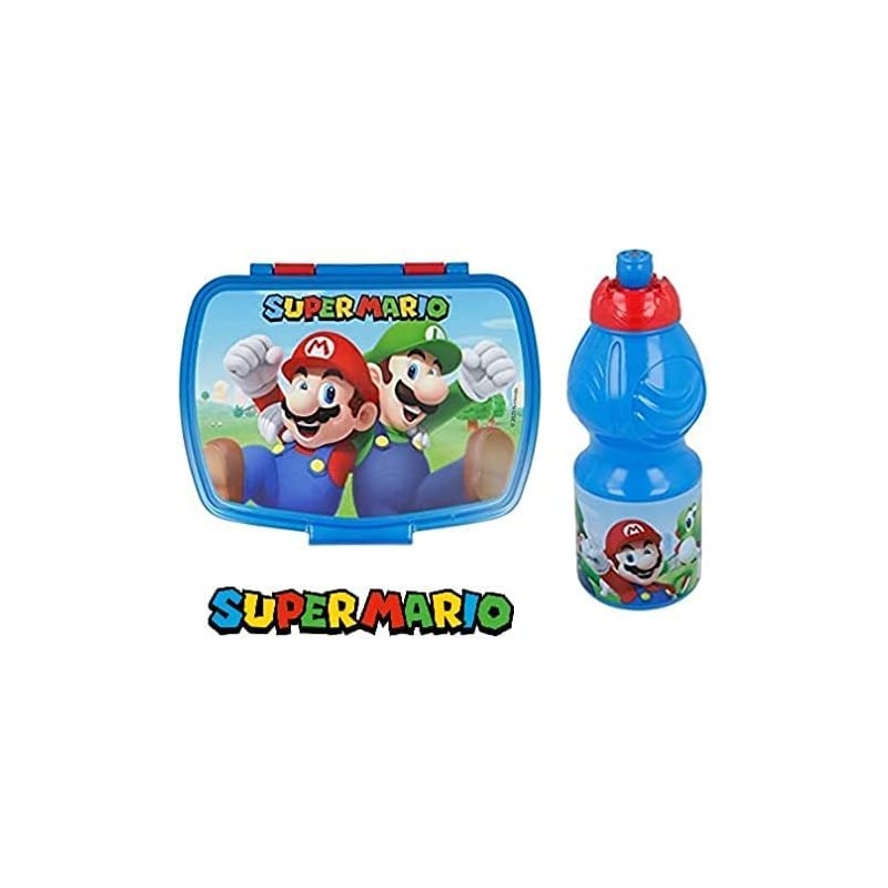 Pack - 2 unidades  Super Mario : Fiambrera Porta Merienda y Botella Libre De Bpa - 400 ml.
