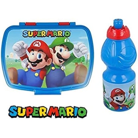 Pack - 2 unidades  Super Mario : Fiambrera Porta Merienda y Botella Libre De Bpa - 400 ml.
