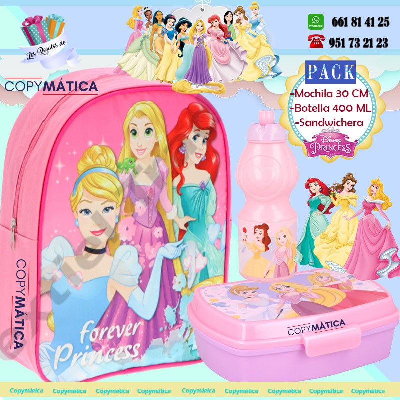 Pack de 3 Productos escolares Mochila Princess Disney+ Botella Sport 400  ML. + Sandwichera.