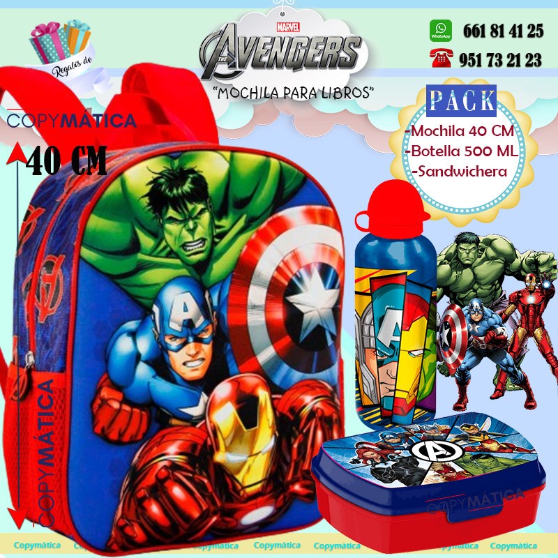 Pack Avengers Mochila Para Libros+ Botella. + Sandwichera