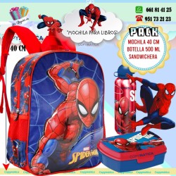 Pack Mochila Spiderman Para Libros+ Botella. + Sandwichera