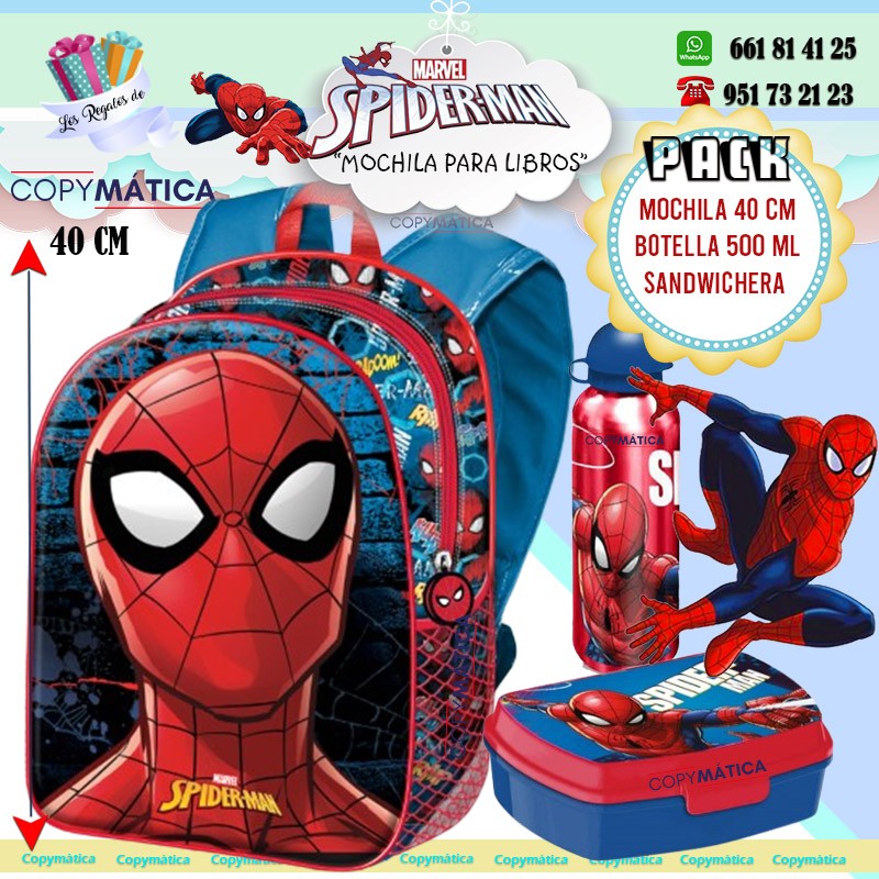 Pack Spiderman Mochila Para Libros+ Botella. + Sandwichera